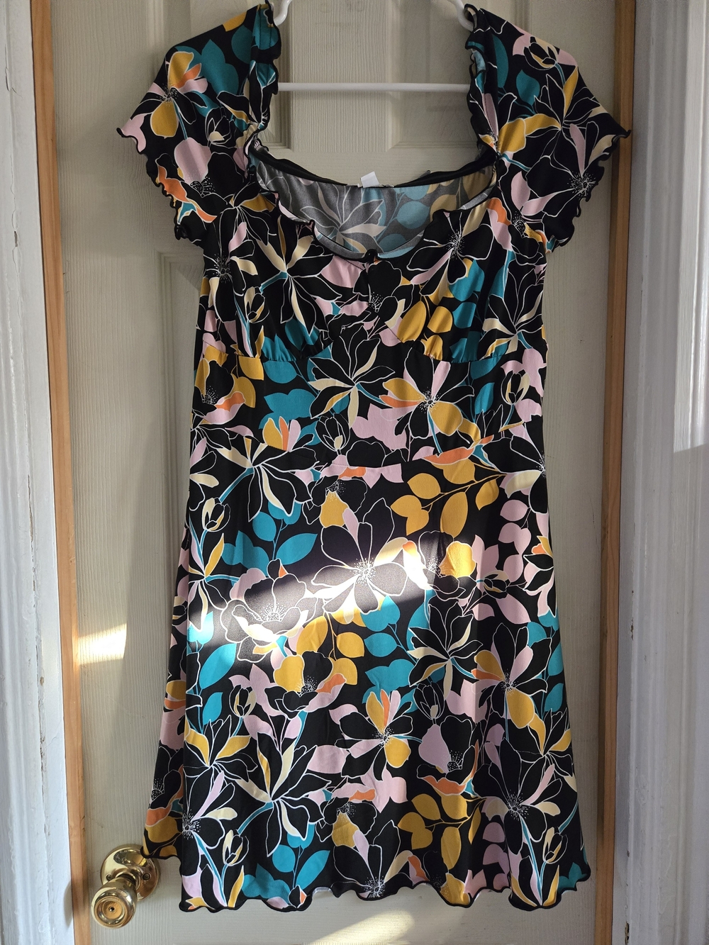 Black Floral A-Line Dress with Pink, Teal & Yellow Accents